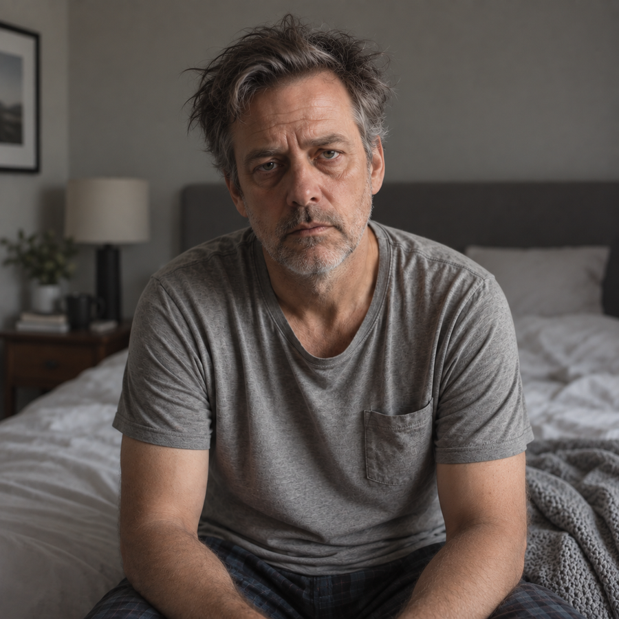 Man looking tired and self-conscious in the morning